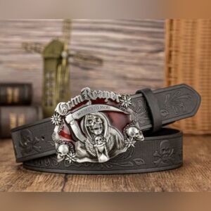 New Black Belt with Silver And Red Colors, Grim Reaper Buckle, T3MISB7H